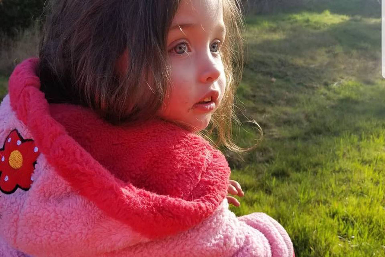 Young girl with long brown hair and a pink fleece jacket stares off to the right while the sun shines on her face