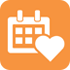 White-on-orange icon of a heart and calendar