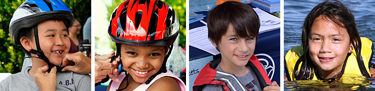 Children in helmets and life jackets