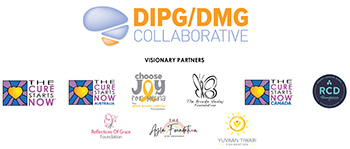 Logos for the DIPG/DMG Collaborative and Visionary Partners, including The Cure Starts Now (US, Australia, and Canada), Choose Joy for Eliana, The Brandy Shaylor Foundation, RCD Foundation, Reflections Of Grace Foundation, The Asia Foundation, and Yuvan Tiwari.