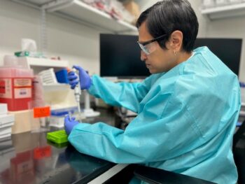 Sue Chantorn, laboratory supervisor in Seattle Children’s Research Services Lab, demonstrates sample aliquoting