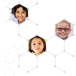 a beehive like graphic with three children's pictures in it
