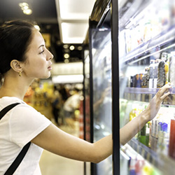 A teen girl looks into a cold case with beverages at a grocery store