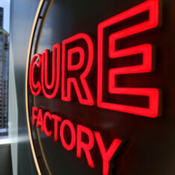 A sign that reads "Cure Factory"
