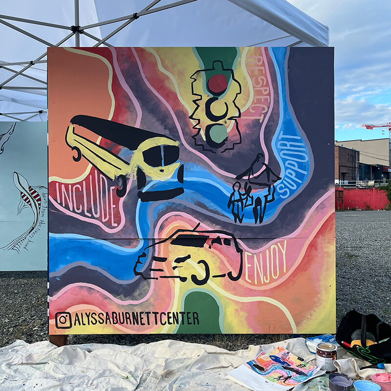 A colorful mural painted by participants in ABC's Mural Arts class