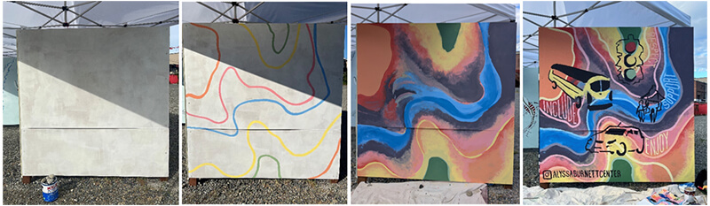 A series of four photographs showing the progression of the mural