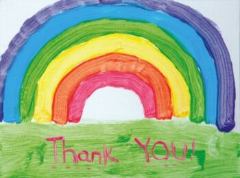 a hand drawn rainbow with the words Thank You! underneath it.