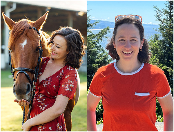 two photos of women in red, one standing by a brown horse