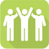 Green icon of two people cheering on a third person
