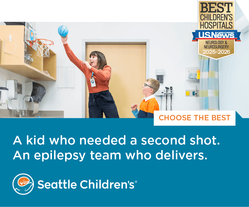 A medical provider dunks a basketball while playing with a patient. Text reads: A kid who needed a second shot. An epilepsy team who delivers.