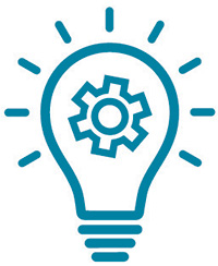 Icon depictng a light bulb with a gear inside