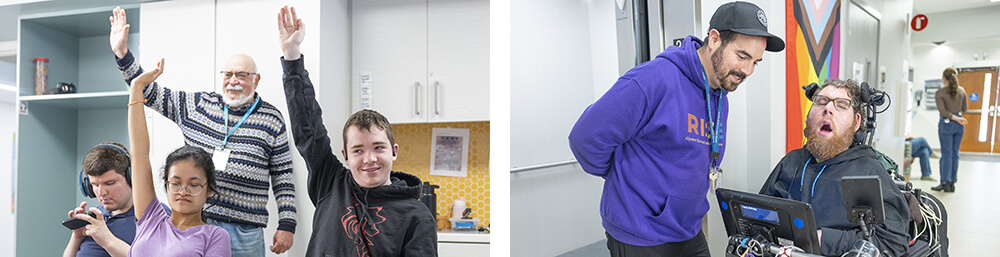 People in a classroom raise their hands, while a staff member talks with a young adult using a wheelchair in a hallway