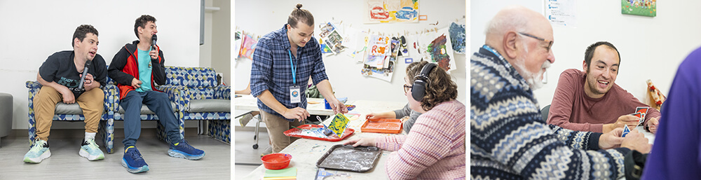 Two students sit on a couch and sing karaoke together through microphones, while a student in headphones watches sensory art demonstration by an instructor and another student smiles while playing Uno in Games and Puzzles class.