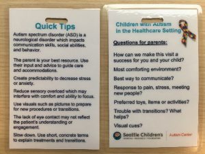 A card with quick tips for children with autism in the healthcare setting