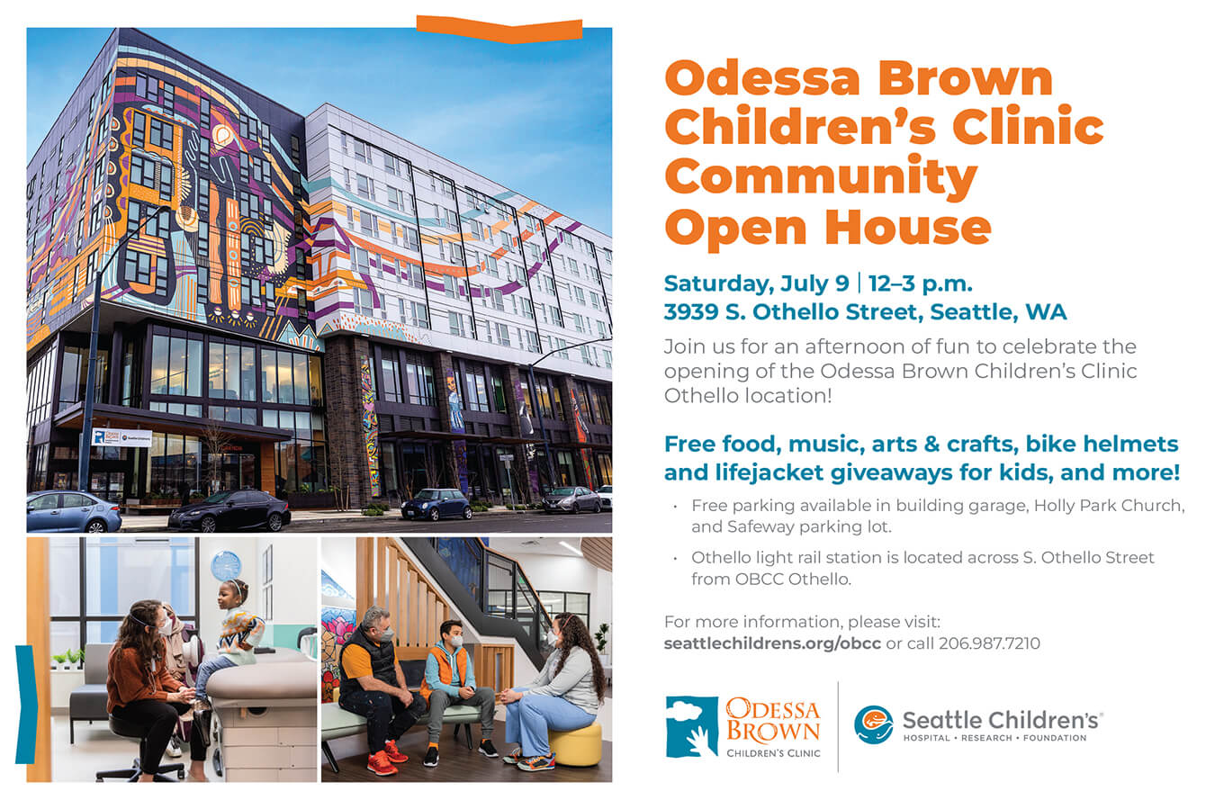 Image of postcard advertising Odessa Brown Children’s Clinic Community Open House, Saturday, July 9, 12–3 p.m., 3939 S. Othello Street, Seattle