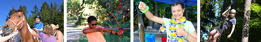 Four photos showing campers and staff doing activities