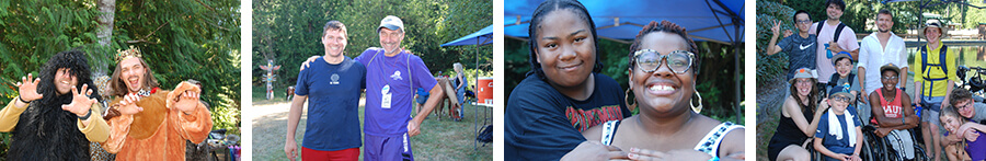 Four photos showing campers and staff doing activities