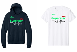 Black hoodie and white tee featuring bold lettering "Superstar" and a design by Declan.