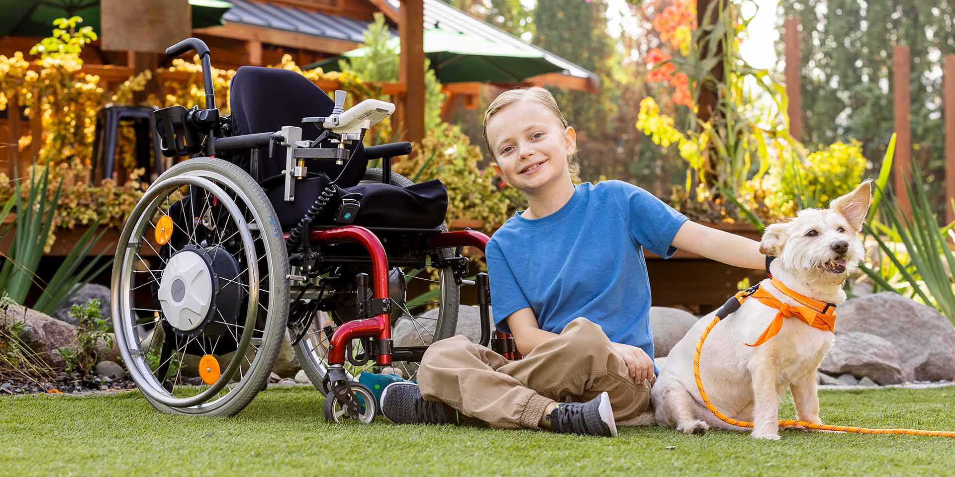 A boy sits on a grass lawn next to a wheelchair and a dog.