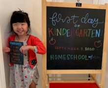 A girl on her first day of kindergarten
