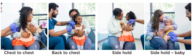 Side by side pictures demonstrating comfort positions caregivers can use when their children get an immunization, each with its corresponding position name in text below the image.