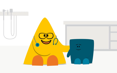 Cartoon doctor sits with patient