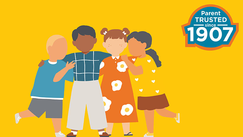 Illustration of 4 children with an emblem that reads Parent Trusted Since 1907