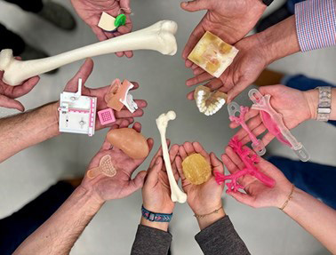 Hands hold 3D-printed creations