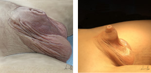 Buried penis with indication for surgery on non-obese patients. Left: megaprepuce buried penis. Right: penoscrotal webbing and buried penis.