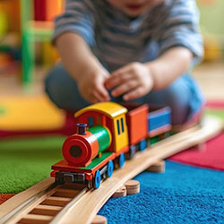 A toddler playing with a toy train