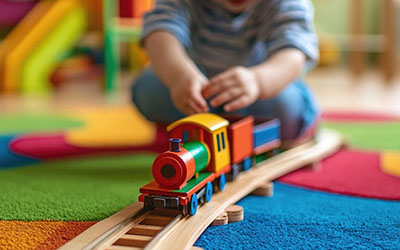 A toddler playing with a toy train