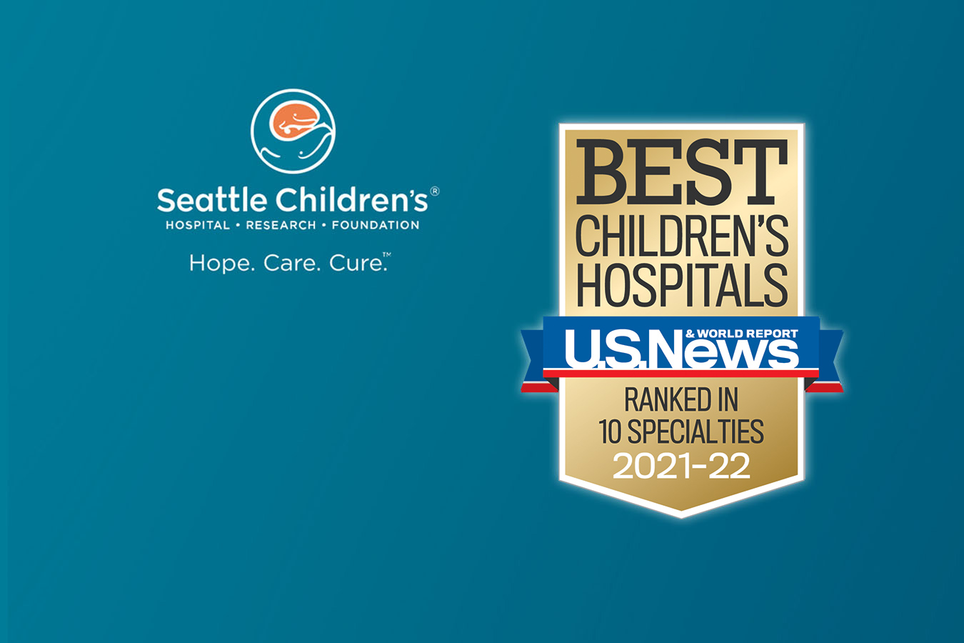 A badge showing Seattle Children's award from U.S. News & World Report for being ranked in 10 specialties for 2021-2022