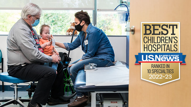U.S. News and World Report Best Children's Hospitals, Ranked in 10 Specialties Badge, 2022-2023, with photo of patient, mother, and provider