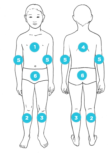 Diagram showing where to wipe a larger child over 66 pounds