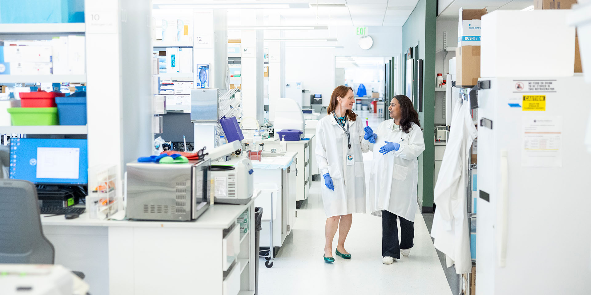 Two researchers speak in a lab