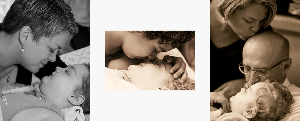 Three images of a young girl being kissed by her parents