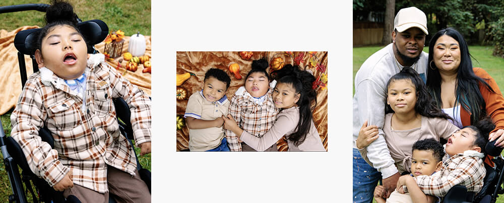 Three images of a young boy with various family members
