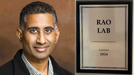 Headshot of Ram Rao and Rao Lab plaque