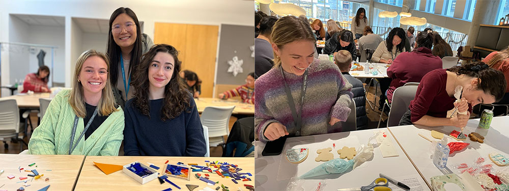 Three women pose for the camera at a holiday celebration (left); Two women decorate holiday cookies (right)