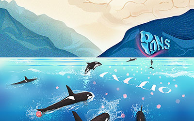Illustration of orcas swimming to the word PONS
