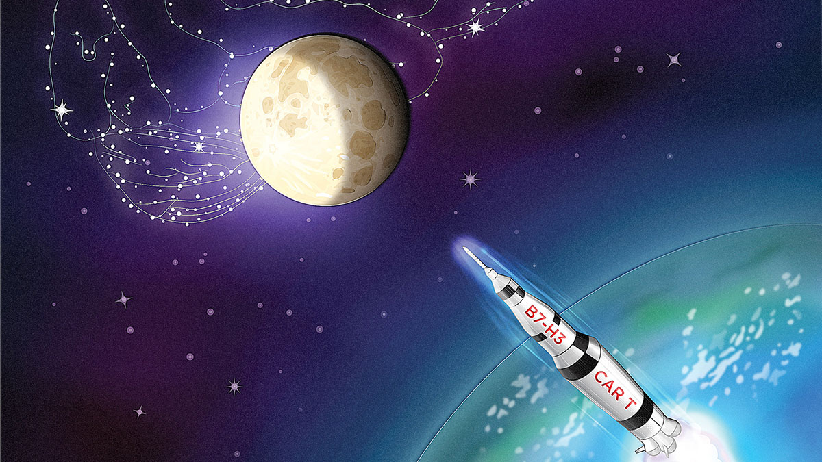 Illustration of a CAR T rocket headed for the moon