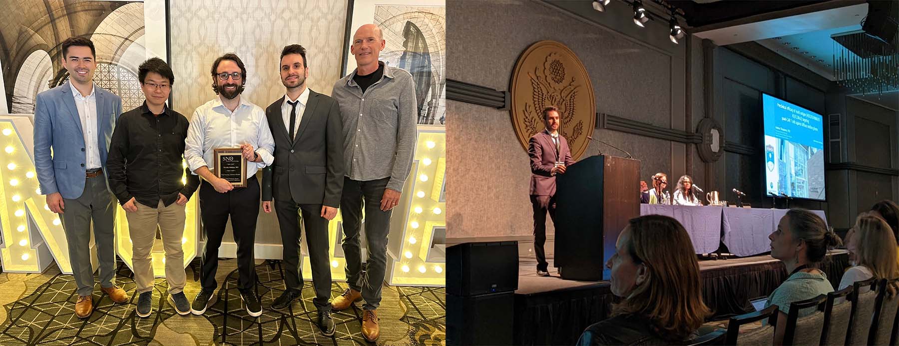 Dr. Vitanza holding the Top Scoring Abstract Award at the Pediatric Society of Neuro-Oncology Conference (left). Dr. Timpanaro presenting at a lecturn (right).
