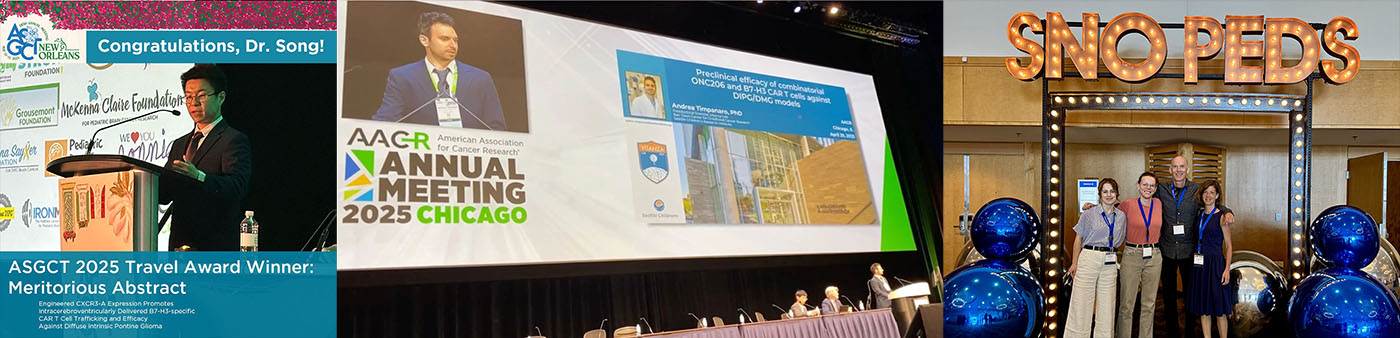 A congratulations message to Dr. Song (left); speakers at the AACR Annual Meeting 2025 (center); conference attendees stand beneath a "SNOPEDS" sign (right)