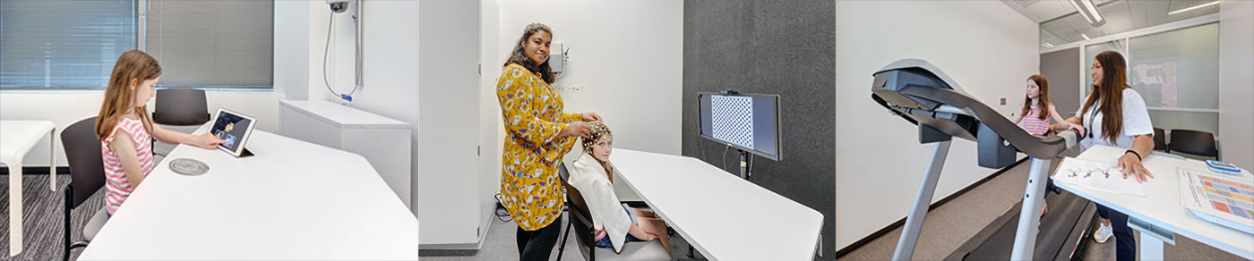 (Left) A girl interacts with a tablet computer; (Middle) A researcher and a girl; (Right) A researcher monitors a girl on a treadmill