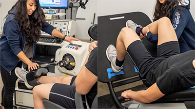 A clinician adjusts equipment attached to a patient&rsquo;s lower leg while seated at a machine that measures leg strength or movement (left); a clinician assists a patient, lying on a table with knees bent, in a different leg exercise or evaluation (right)