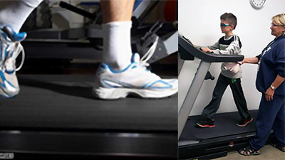 A close-up of legs in white athletic shoes walking on a treadmill (left); A young boy wearing motion-tracking glasses walking on a treadmill while a clinician stands nearby for support and monitoring (right)