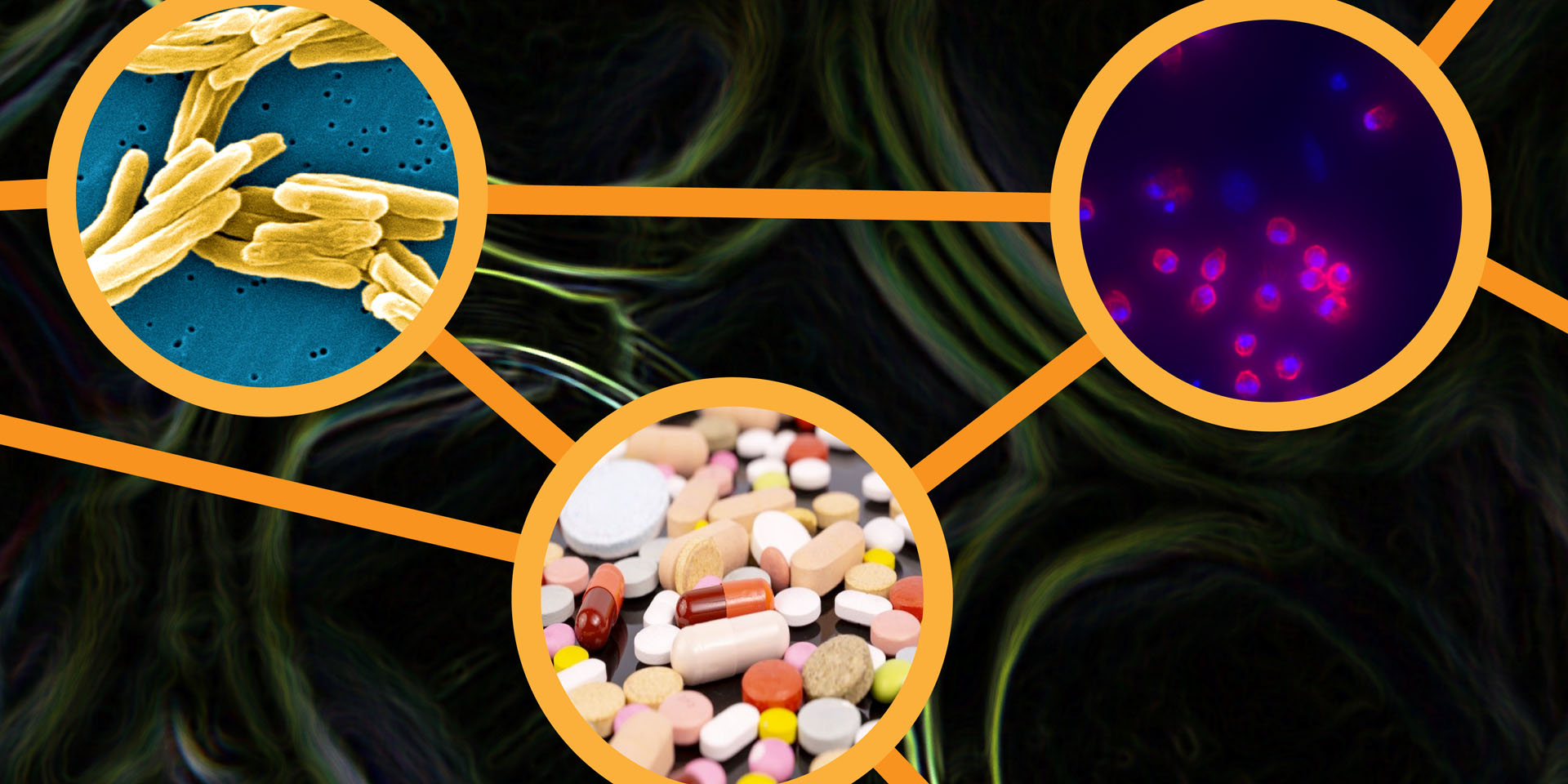 Three circles framing images of pills and microscopic imaging against a dark background