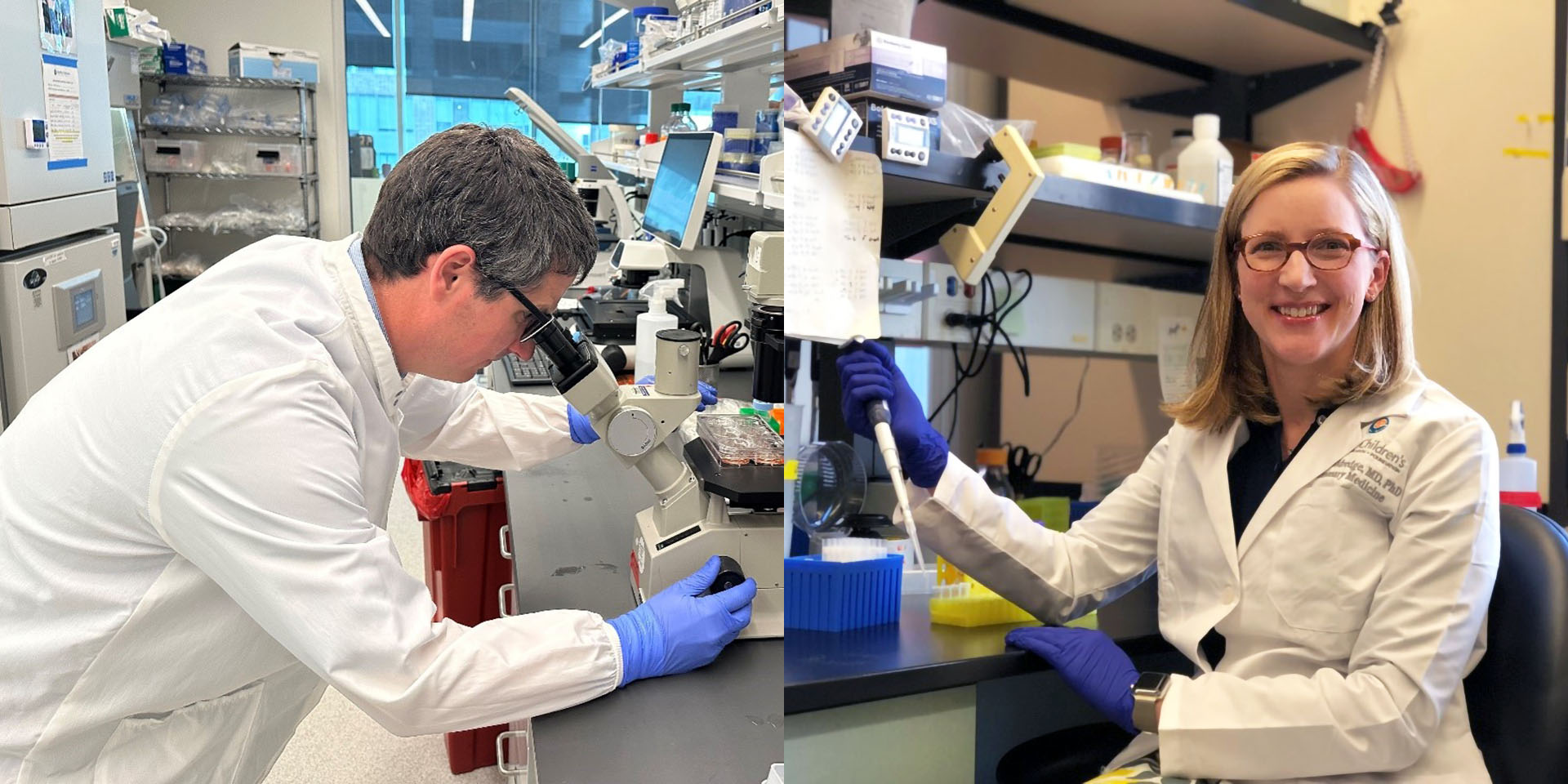 A researcher looking into a microscope (left); A researcher holding a tool