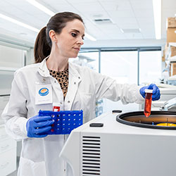 Siobhan Pattwell, PhD, checks a lab sample