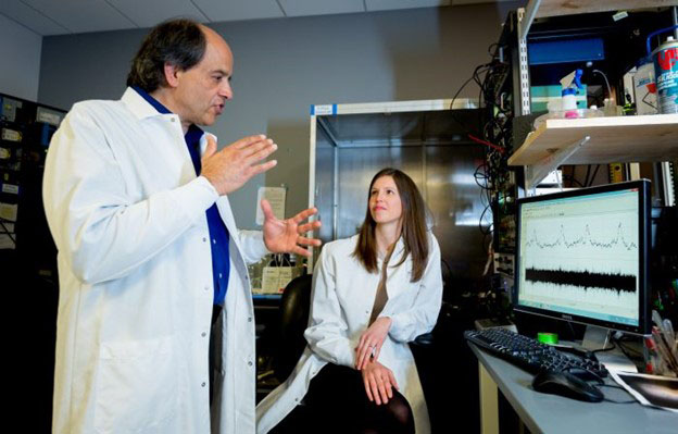 Two researchers chat in a lab